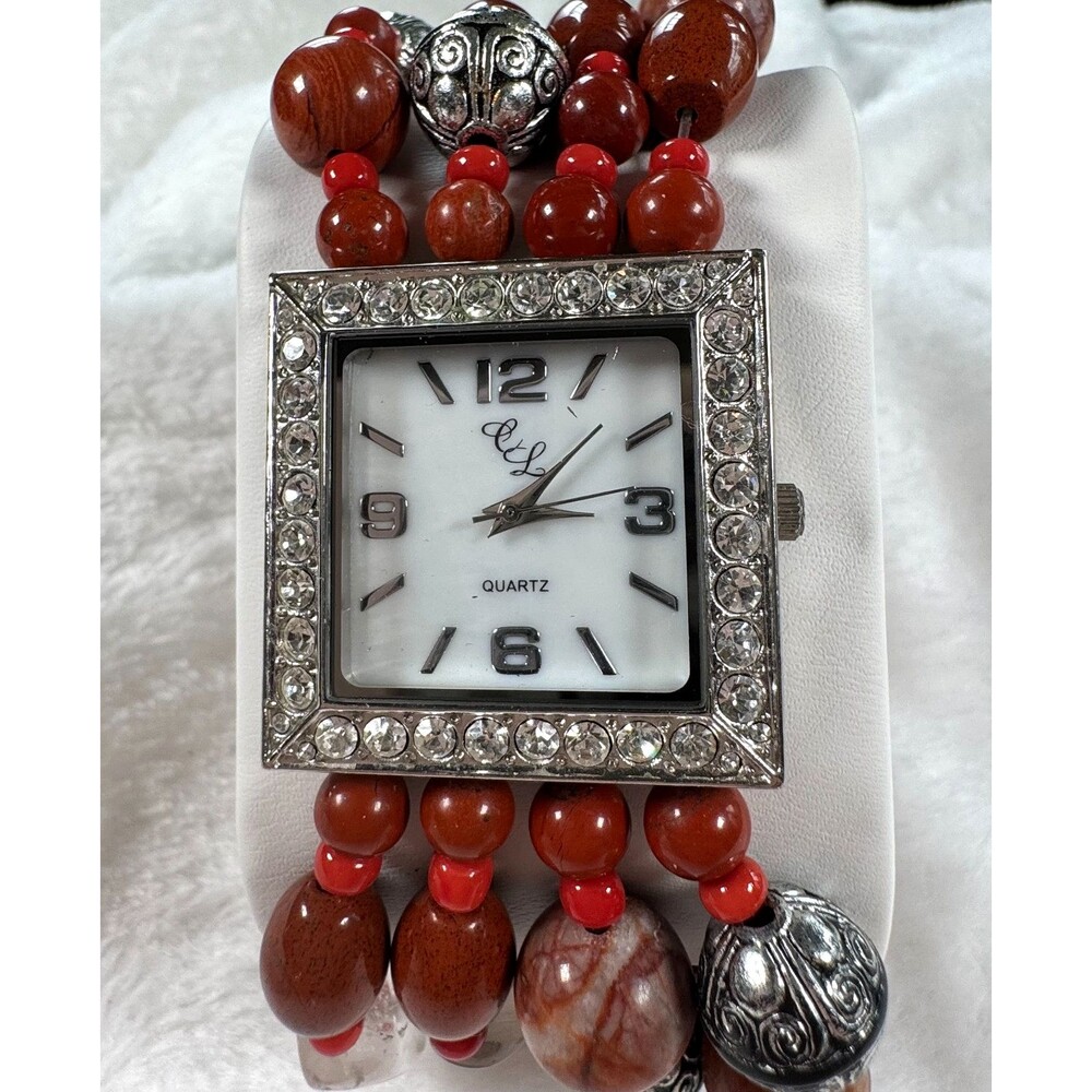 Chunky Boho Beaded Bracelet Watch Colleen Lopez Crystal Bezel Red Jasper Quartz - Picture 4 of 15